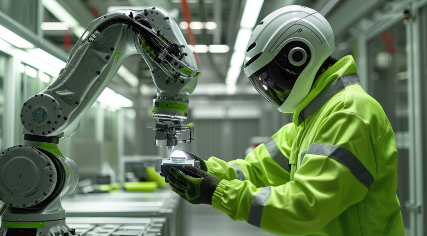 Industrial worker using a robotic arm in a factory Industrial worker using a robotic arm in a factory