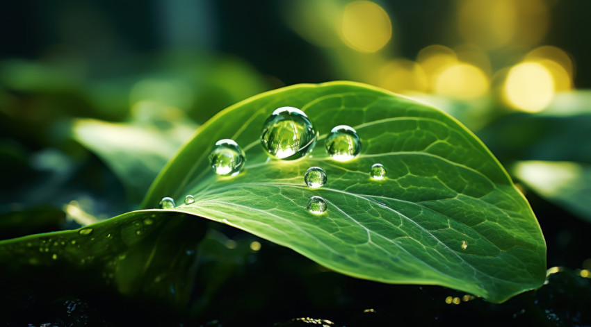 Glimmering white droplet on lush green leaf captures the essence of pure natural simplicity Glimmering white droplet on lush green leaf captures the essence of pure natural simplicity