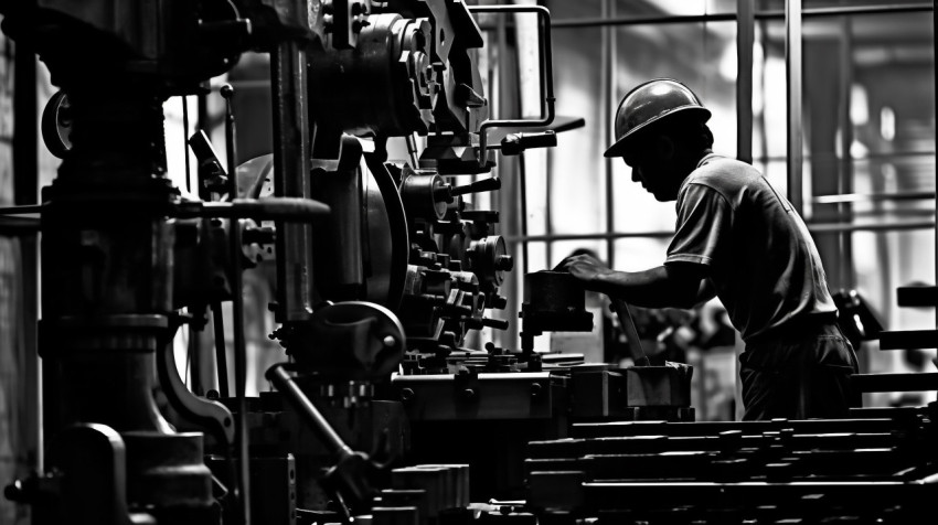 Factory Worker Silhouetted Against Machinery Factory Worker Silhouetted Against Machinery