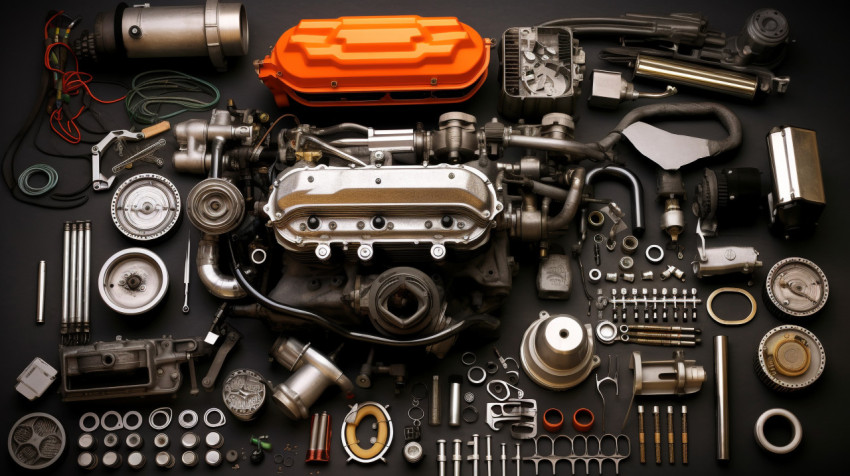 A shot of a car engine with all the parts laid out in a grid A shot of a car engine with all the parts laid out in a grid