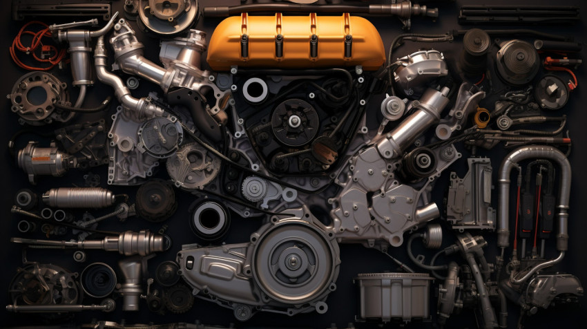 Car engine parts in grid layout Car engine parts in grid layout, industrial machinery stock images ai, midjourney prompt ideas