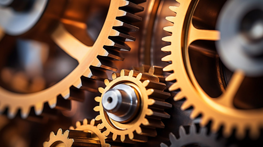 A close-up of a machines gears the gears are in sharp focus A close-up of a machines gears the gears are in sharp focus, industrial machinery stock images ai, midjourney prompt ideas