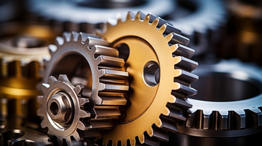 Close-up of machine gears in sharp focus Close-up of machine gears in sharp focus, industrial machinery stock images ai, midjourney prompt ideas