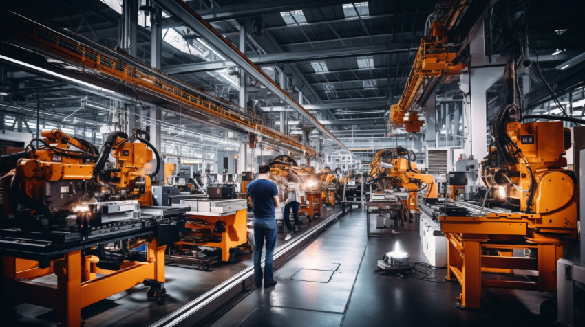 A wide shot of a factory floor the machines are in motion A wide shot of a factory floor the machines are in motion, industrial machinery stock images ai, midjourney prompt ideas