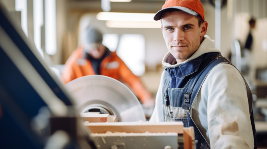 A portrait of a worker with a machine in the background the work A portrait of a worker with a machine in the background the worker is looking directly at the camera, industrial machinery stock images ai, midjourney prompt ideas