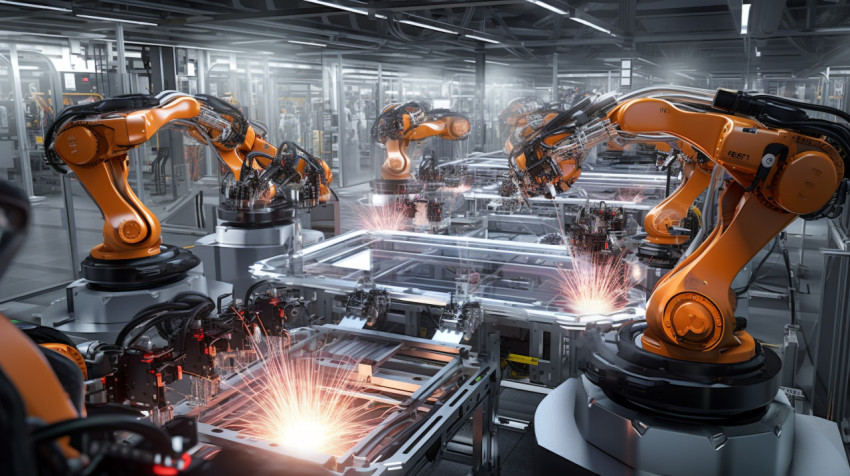 The assembly line is a hive of activity with robots moving parts The assembly line is a hive of activity with robots moving parts