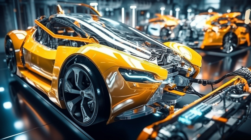 Automated battery pack installation in electric car Automated battery pack installation in electric car, industrial machinery stock images ai, midjourney prompt ideas