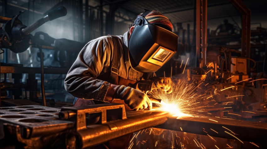Robot arm welding metal Robot arm welding metal, industrial machinery stock images ai, midjourney prompt ideas