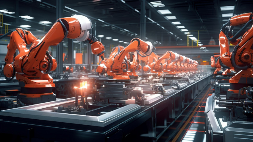 The image should convey the scale and efficiency of the producti The image should convey the scale and efficiency of the production line the robot arms should be working in unison and the production line should be humming with activity, industrial machinery stock images ai, midjourney prompt ideas