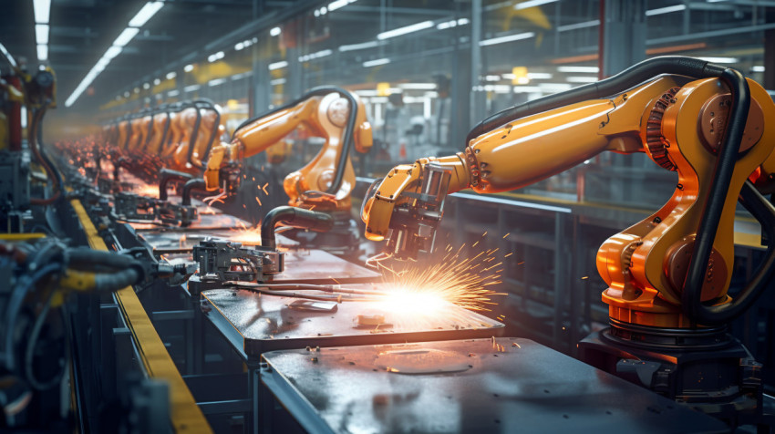 Robotic arms convey the efficiency of modern production Robotic arms convey the efficiency of modern production, industrial machinery stock images ai, midjourney prompt ideas