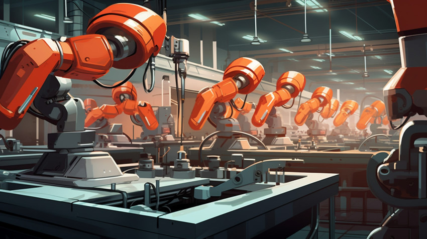 Robotic arms working in sync on industrial production line Robotic arms working in sync on industrial production line, industrial machinery stock images ai, midjourney prompt ideas