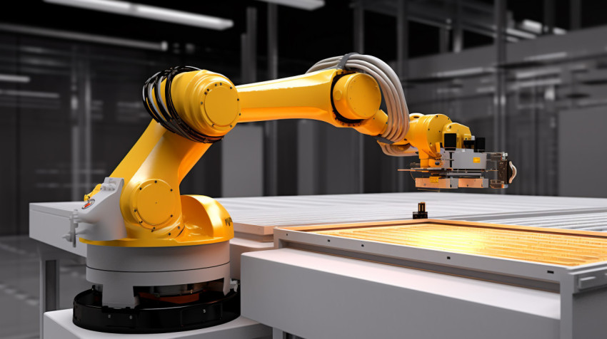 Precision robot arm fulfills its task Precision robot arm fulfills its task, industrial machinery stock images ai, midjourney prompt ideas