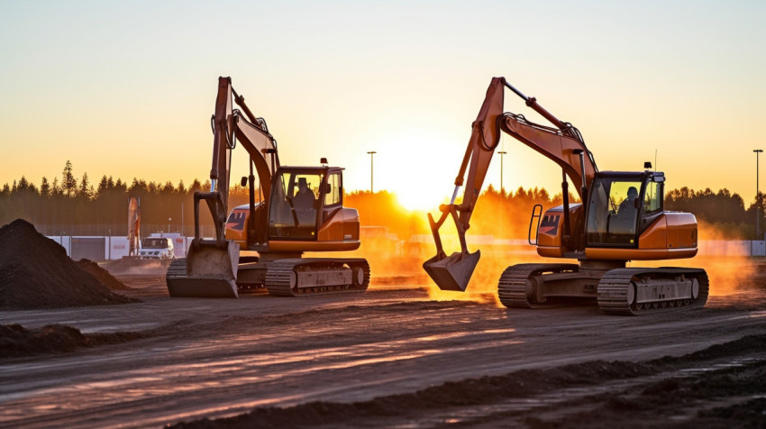 Tractors and excavators at a construction site Tractors and excavators at a construction site, industrial machinery stock images ai, midjourney prompt ideas