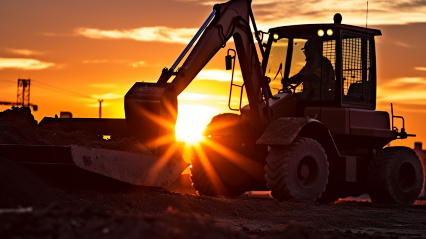 A silhouette of a construction worker against the setting sun wi A silhouette of a construction worker against the setting sun wi