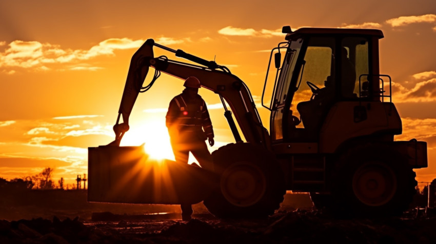 Construction worker silhouetted against the setting sun Construction worker silhouetted against the setting sun, industrial machinery stock images ai, midjourney prompt ideas