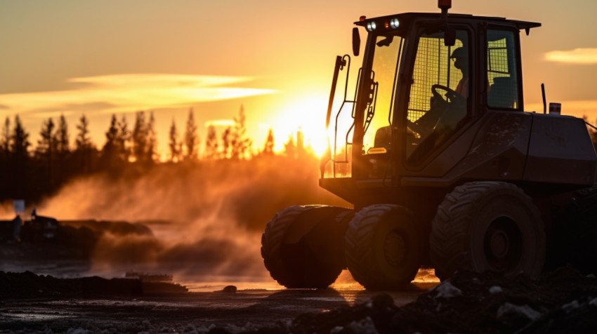 Bulldozer operator working in the sunset Bulldozer operator working in the sunset, industrial machinery stock images ai, midjourney prompt ideas