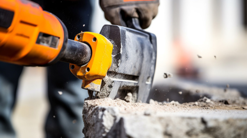 Jackhammer teeth bite into concrete Jackhammer teeth bite into concrete, industrial machinery stock images ai, midjourney prompt ideas