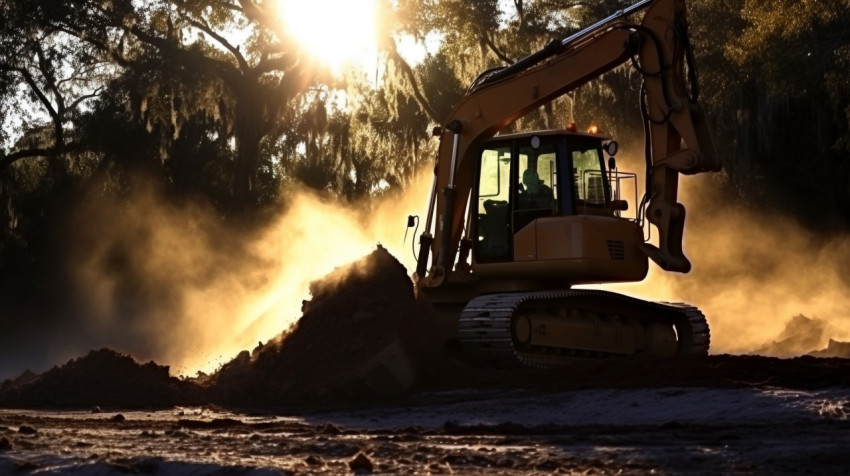 A wide shot of a bulldozer pushing a pile of dirt the bulldozer A wide shot of a bulldozer pushing a pile of dirt the bulldozer