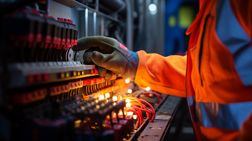 A close-up of a workers hands operating a control panel on a pie A close-up of a workers hands operating a control panel on a piece of heavy machinery, industrial machinery stock images ai, midjourney prompt ideas