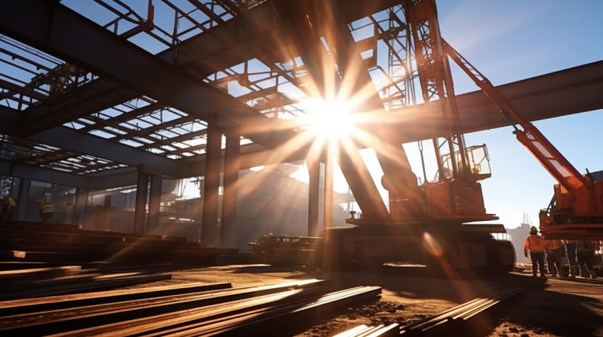 A high-angle shot of a crane lifting a load of steel beams the c A high-angle shot of a crane lifting a load of steel beams the crane is in the foreground, industrial machinery stock images ai, midjourney prompt ideas