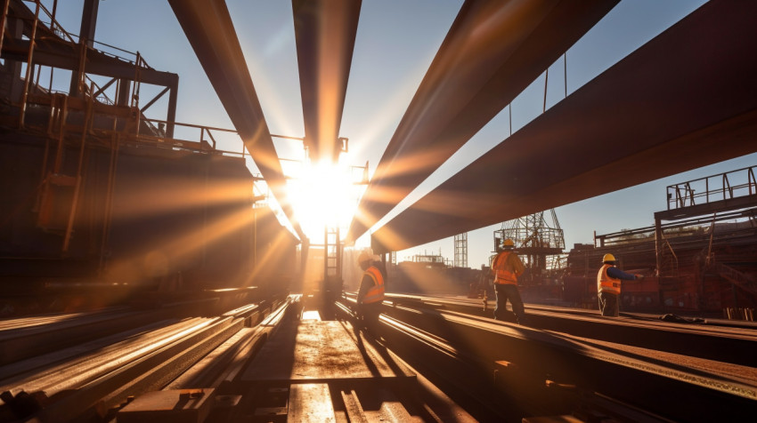High-angle shot of crane lifting steel beams High-angle shot of crane lifting steel beams, industrial machinery stock images ai, midjourney prompt ideas