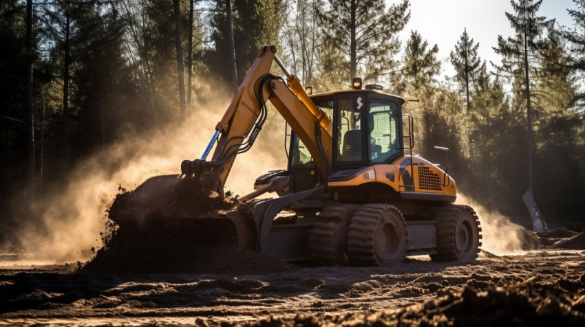 A wide shot of a bulldozer pushing a pile of dirt the bulldozer A wide shot of a bulldozer pushing a pile of dirt the bulldozer is in the foreground, industrial machinery stock images ai, midjourney prompt ideas