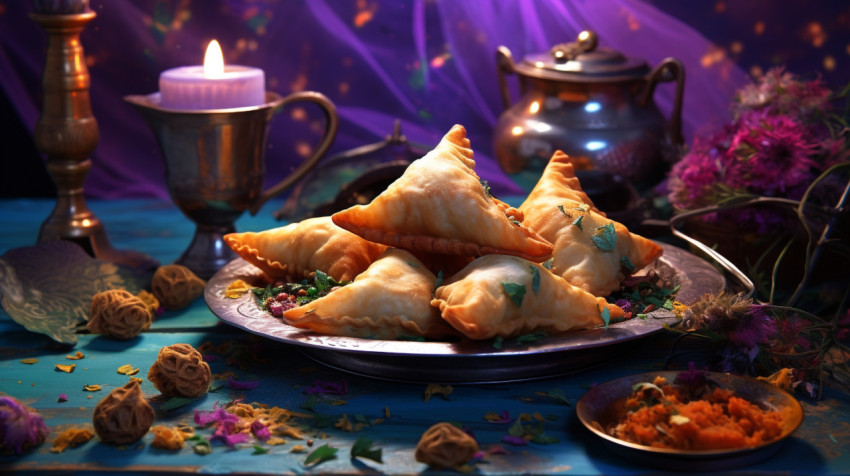 Samosa curry stuffed with methi Samosa curry stuffed with methi, diwali festival stock image, diwali festival ai prompt