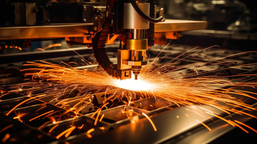 A close-up of a laser cutting through a piece of metal with the A close-up of a laser cutting through a piece of metal with the sparks flying off in a dramatic fashion, industrial machinery stock images ai, midjourney prompt ideas