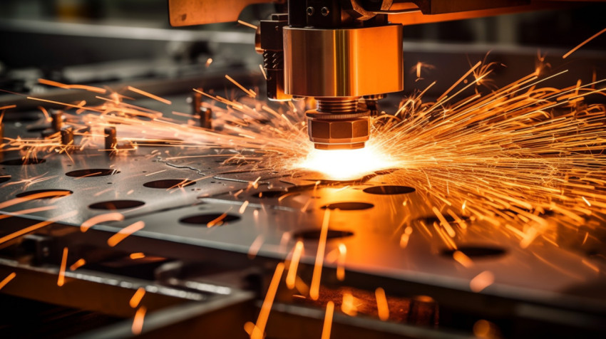 Laser cutting creates sparks in metal Laser cutting creates sparks in metal, industrial machinery stock images ai, midjourney prompt ideas