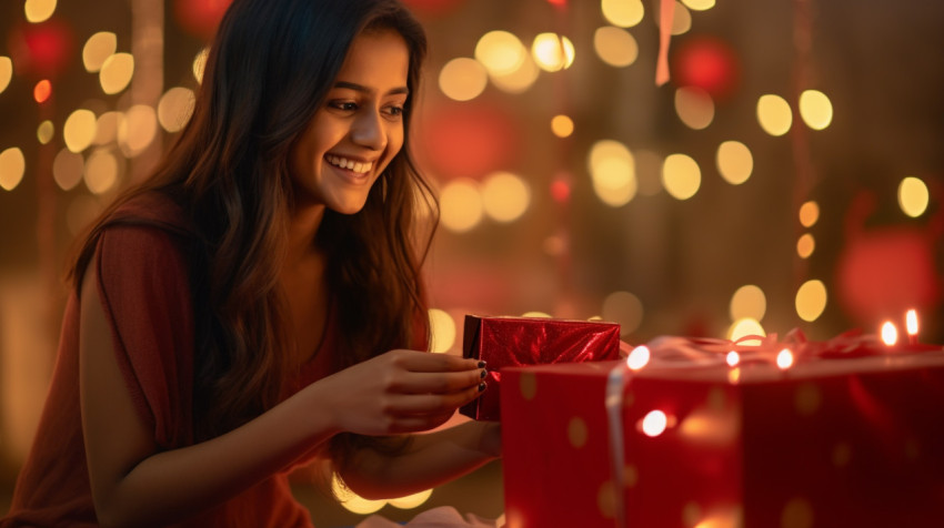 A beautiful young woman smiling and looking at her gift box A beautiful young woman smiling and looking at her gift box