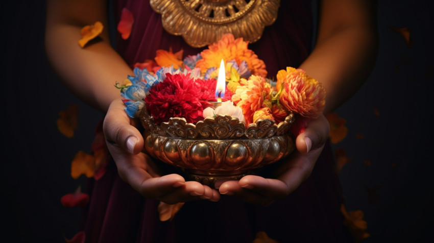 Hands holding a candle and flowers lit with adornments Hands holding a candle and flowers lit with adornments, diwali festival stock image, diwali festival ai prompt