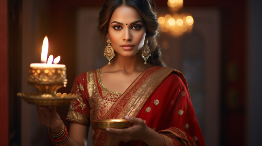 A lady dressed up in a red sari holding a lit lamp A lady dressed up in a red sari holding a lit lamp, diwali festival stock image, diwali festival ai prompt