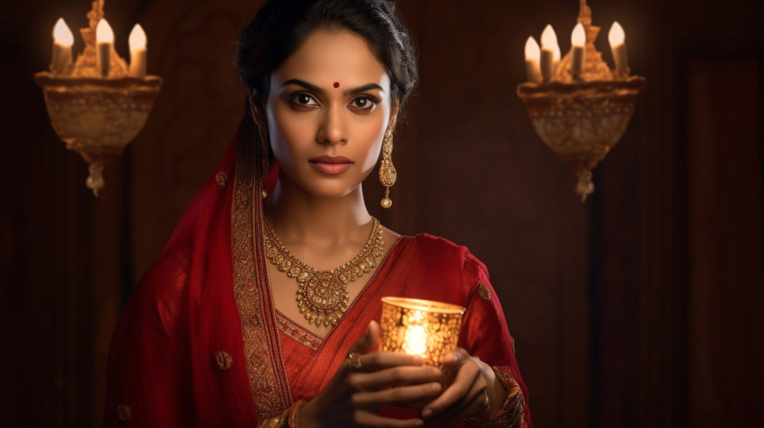 Red sari and lit lamp Red sari and lit lamp, diwali festival stock image, diwali festival ai prompt