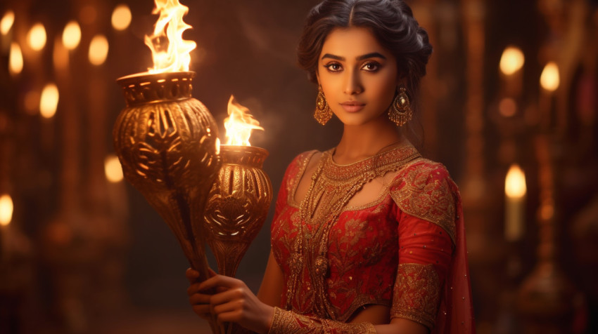 A young lady holding a torch in front of a lamp A young lady holding a torch in front of a lamp, diwali festival stock image, diwali festival ai prompt