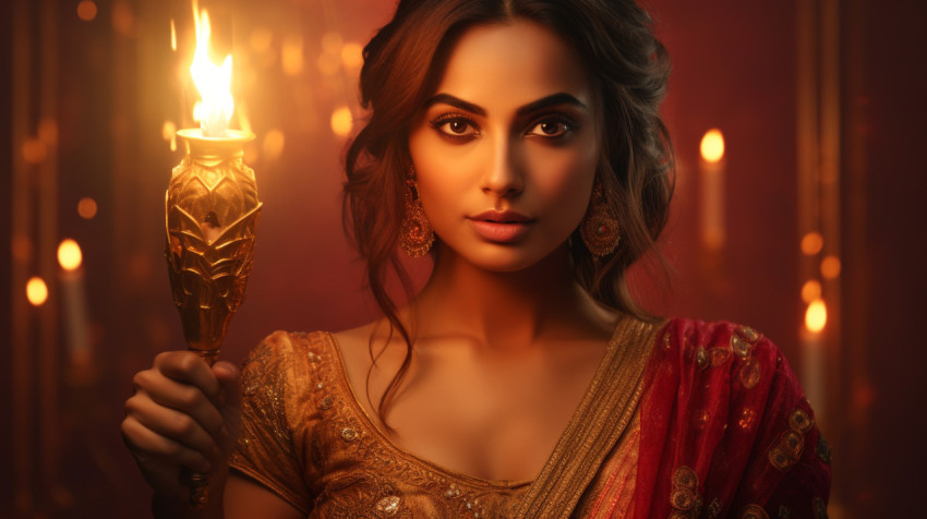 Lady holds torch to light lamp Lady holds torch to light lamp, diwali festival stock image, diwali festival ai prompt