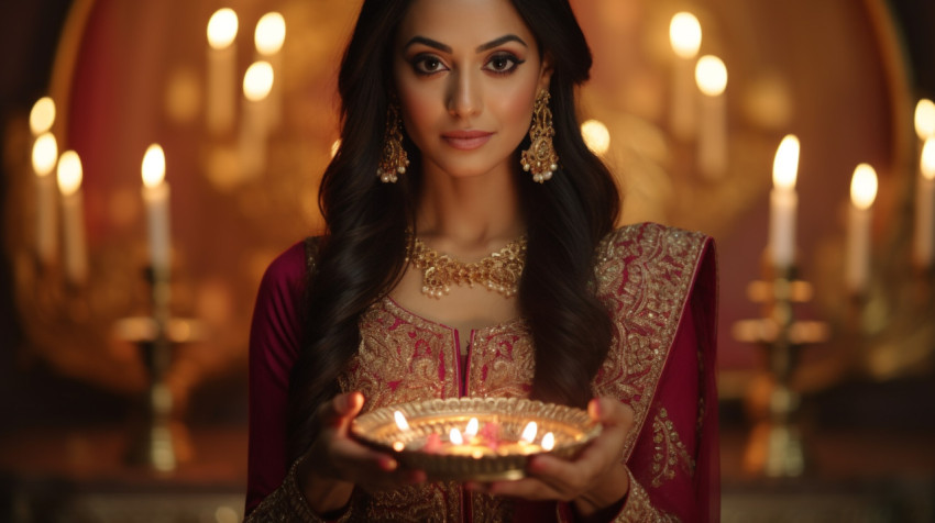 An indian bride holding a gold diwali diya An indian bride holding a gold diwali diya, diwali festival stock image, diwali festival ai prompt