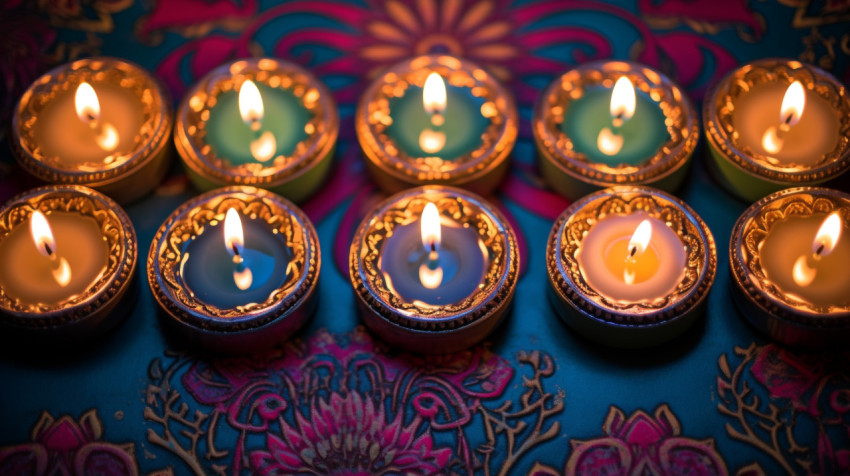 Diwali lights with candles sat on a red pattern Diwali lights with candles sat on a red pattern, diwali festival stock image, diwali festival ai prompt