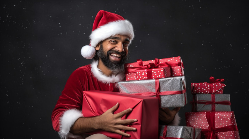 Photo showing girl wearing santa hat and holding gift box Photo showing girl wearing santa hat and holding gift box, christmas stock image ai, christmas stock photos ai