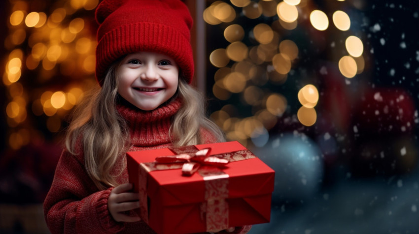 Little girl holds a present box while smiling Little girl holds a present box while smiling, christmas stock image ai, christmas stock photos ai