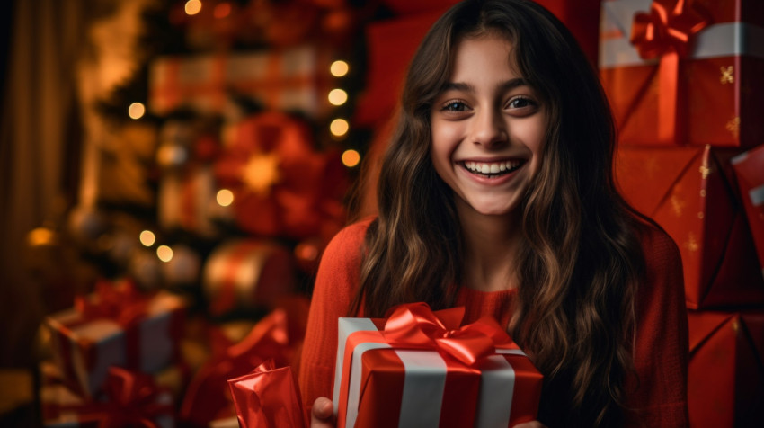 Happy girl smiling from the camera holding presents Happy girl smiling from the camera holding presents, christmas stock image ai, christmas stock photos ai