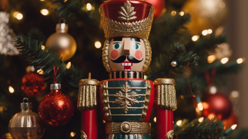 A close up of a toy soldier with its eyes twinkling in the light A close up of a toy soldier with its eyes twinkling in the light of a christmas tree, christmas stock image ai, christmas stock photos ai