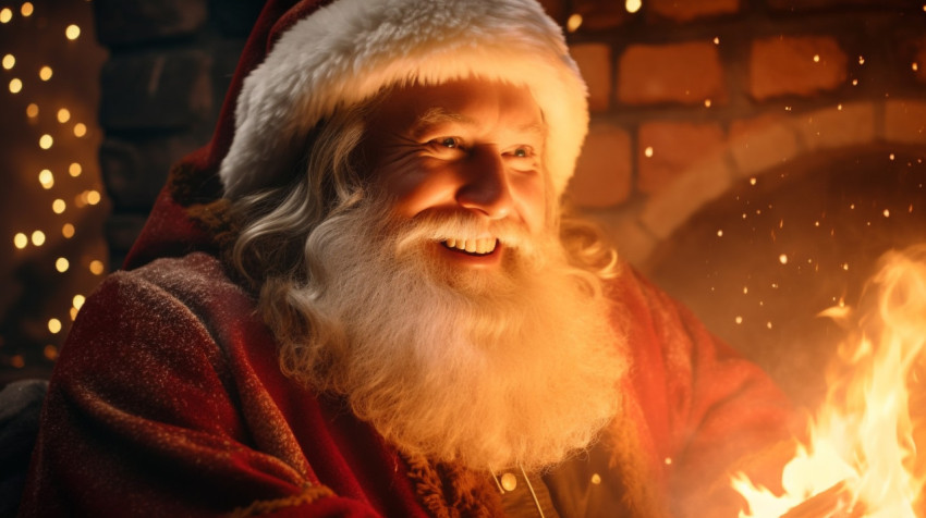 A portrait of santa with his beard glowing in the light of a fir A portrait of santa with his beard glowing in the light of a fire, christmas stock image ai, christmas stock photos ai