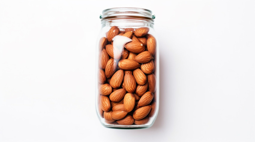 Clear glass jar of almonds on white background Clear glass jar of almonds on white background, almond image
