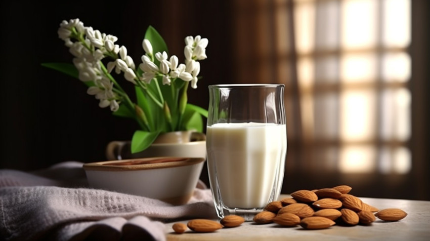 A glass of almond milk with almonds A glass of almond milk with almonds, almond image