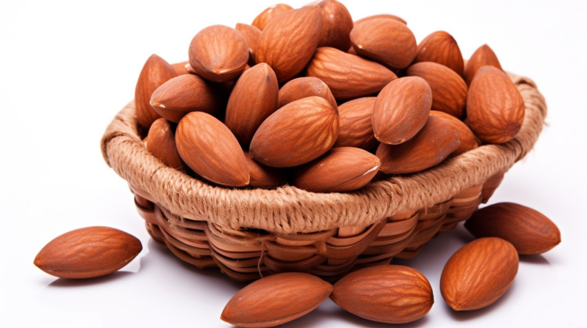 A basket of freshly picked almonds sits on a white background A basket of freshly picked almonds sits on a white background, almond image