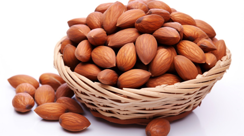 Freshly picked almonds in a white basket Freshly picked almonds in a white basket, almond image