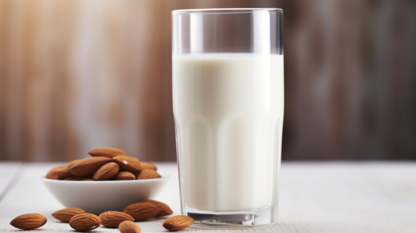 A glass of almond milk is seen from a distance A glass of almond milk is seen from a distance, almond image
