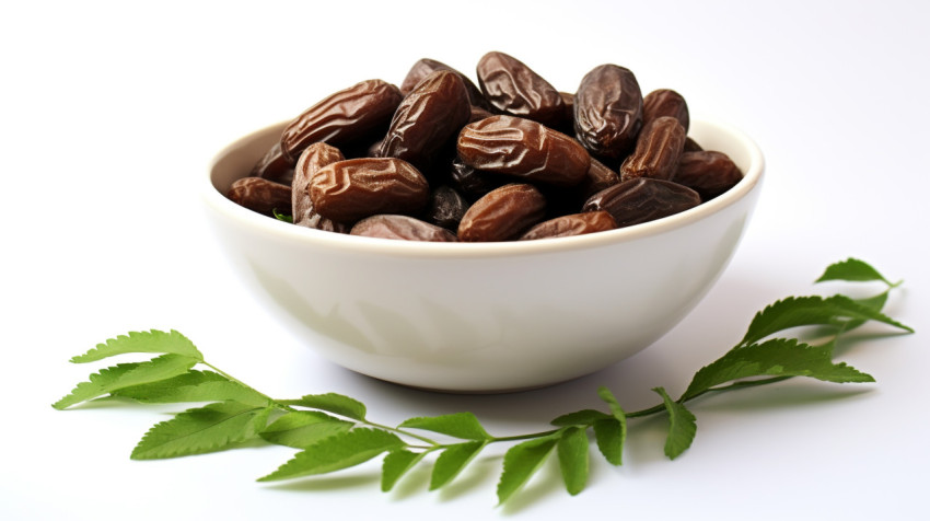 Dates in a Bowl with Green Leaves Isolated on White Dates in a Bowl with Green Leaves Isolated on White