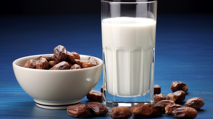 glass of milk and dates next to a blue background glass of milk and dates next to a blue background