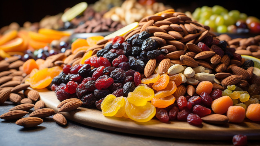 A pile of almonds and dried fruits A pile of almonds and dried fruits, dry fruits mix image